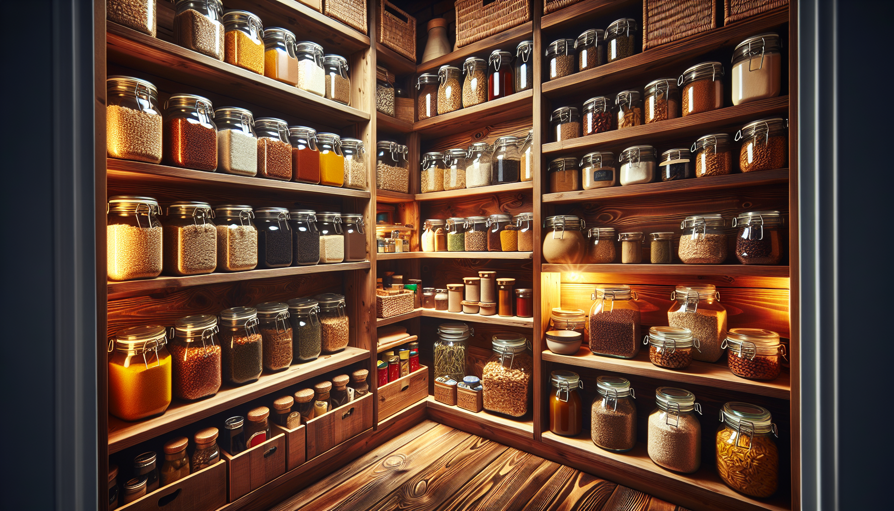 A well-stocked pantry with various jars and cans neatly organized.