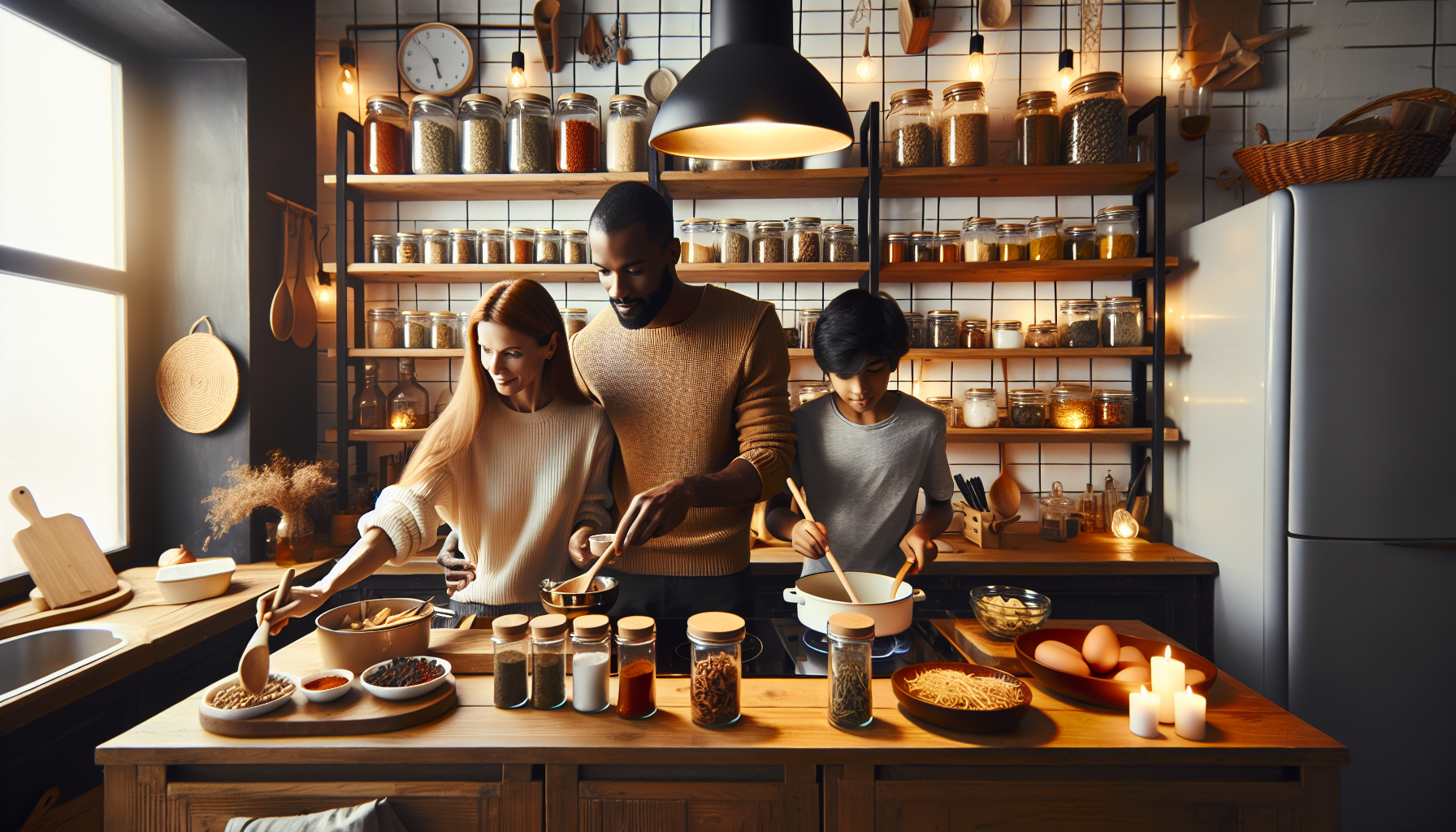 Family cooking together, coordinating meal planning