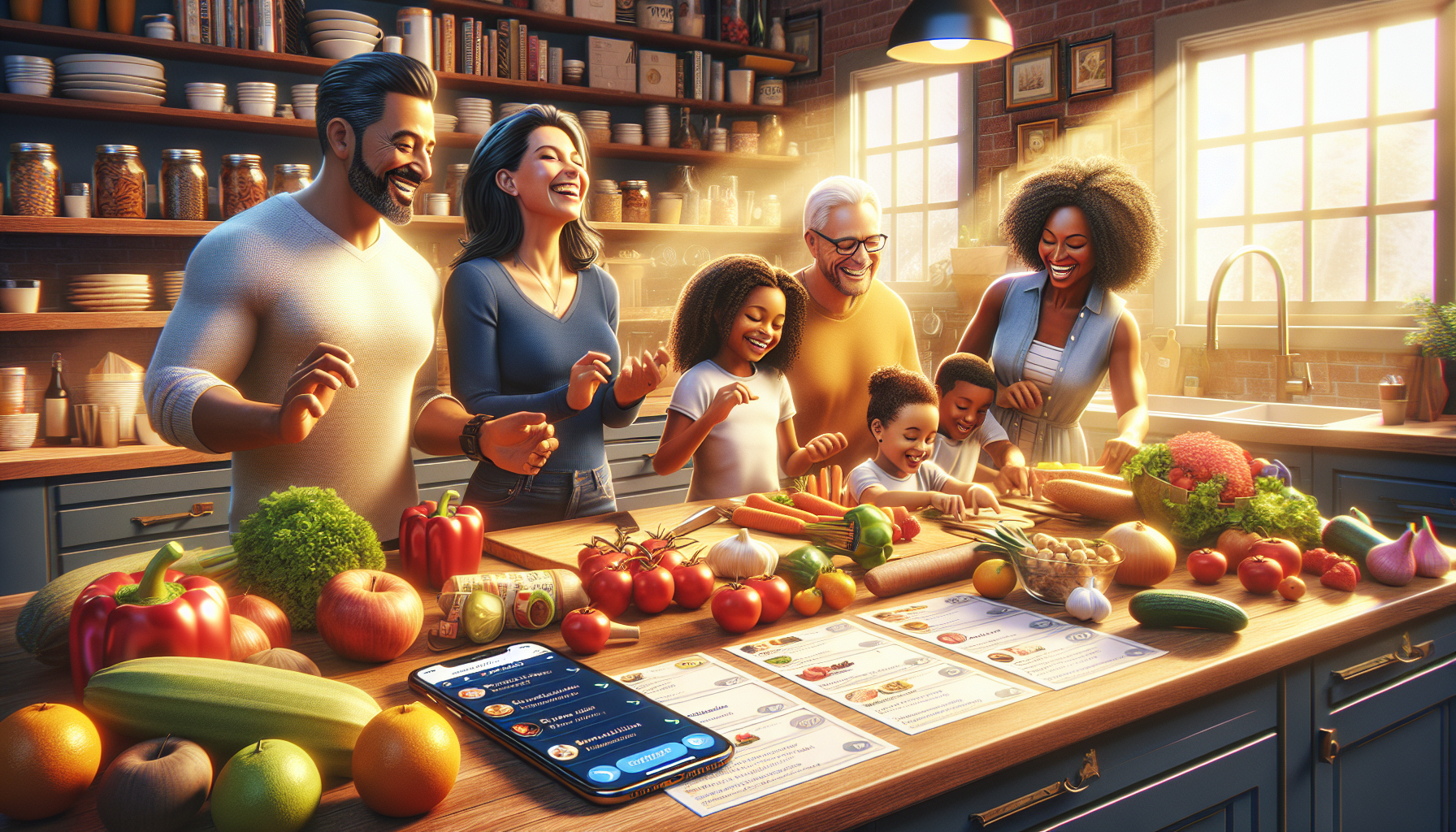 A family happily preparing a meal together in a well-organized kitchen