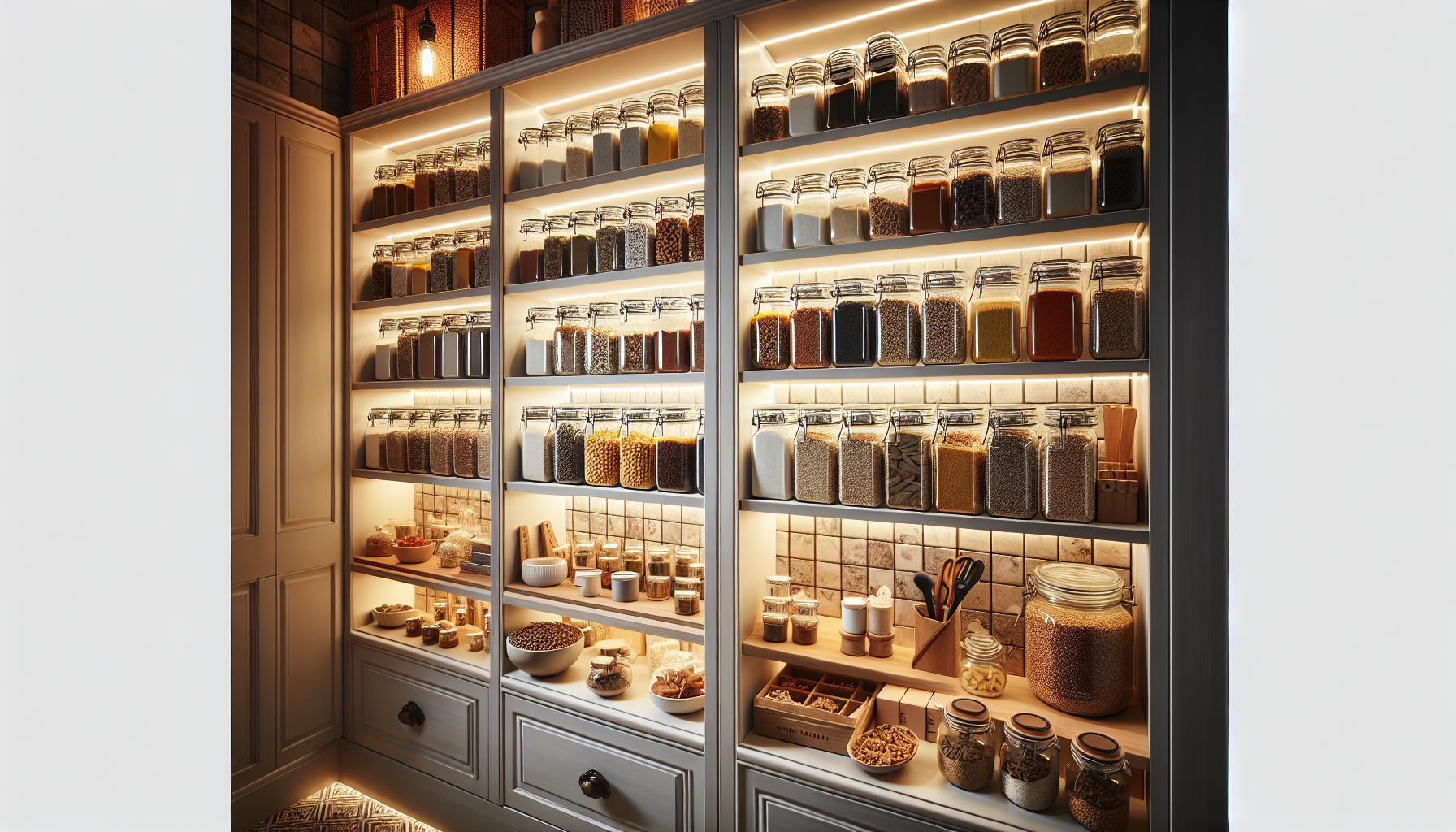 Organized pantry with labeled clear containers and categorized shelves