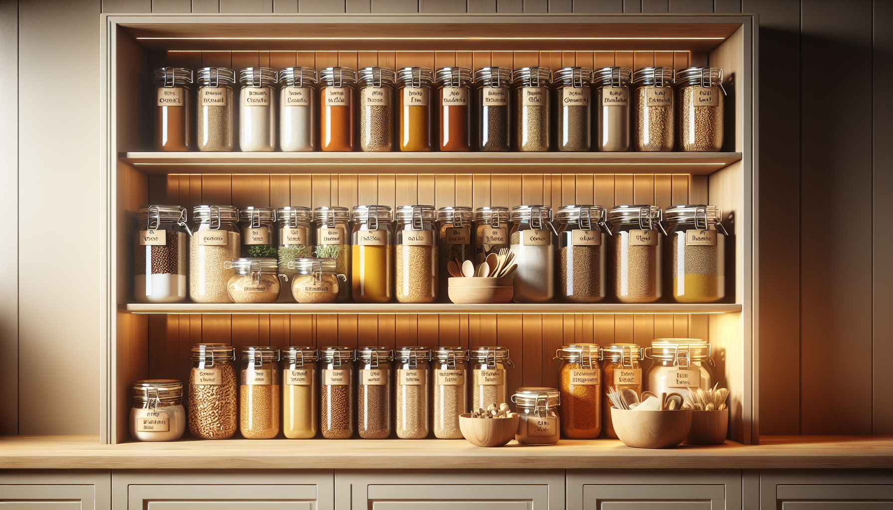 A well-organized kitchen pantry filled with diverse international ingredients.